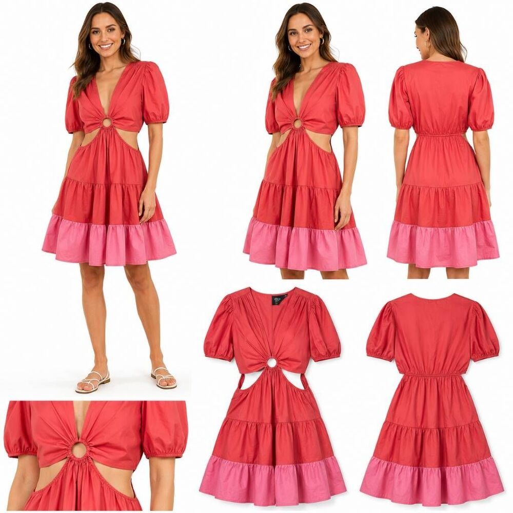 Peach Love Coral Pink Cutout Puff Sleeve Dress L